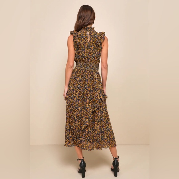 Lulus Mustard Floral Mock Neck Midi Dress 🌼 - Picture 4 of 12